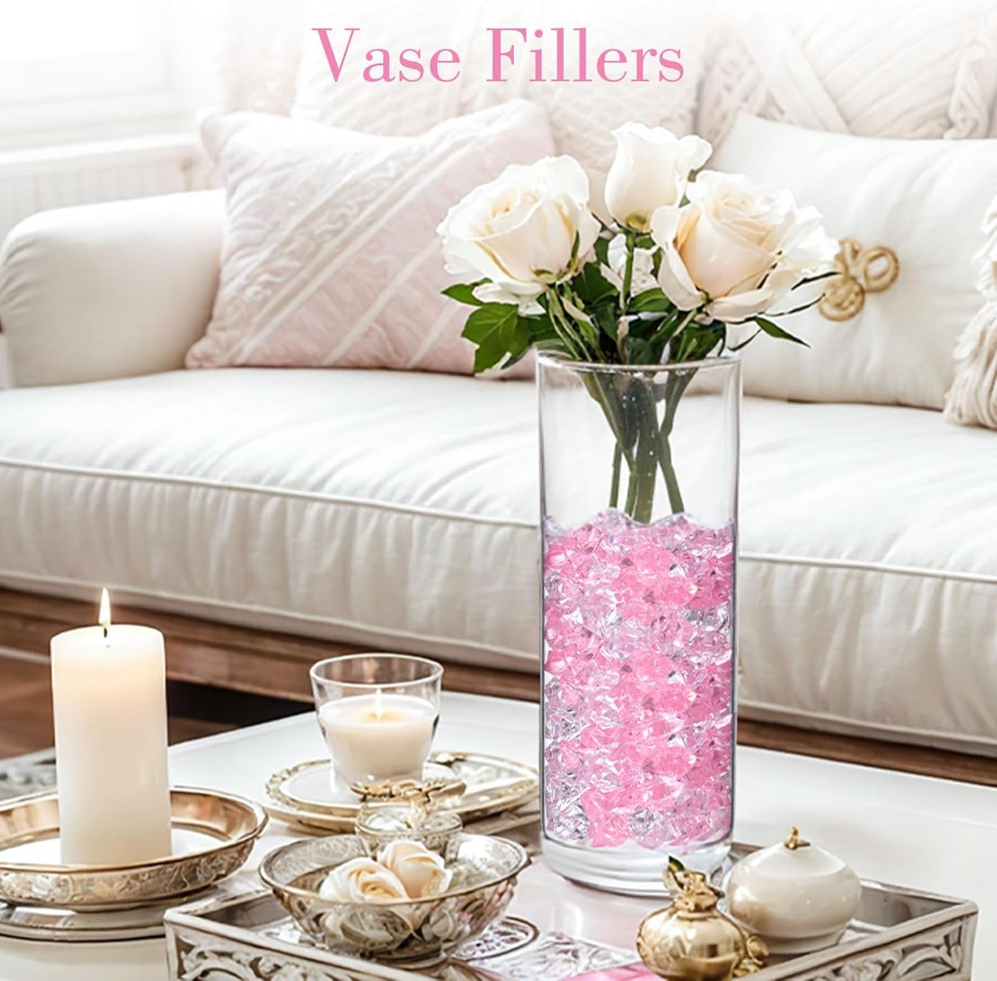 DomeStar Fake Ice, 150PCS Acrylic Fake Diamonds Vase Fillers Pink and Transparent Rocks Plastic Gems for Party Table Scatter Decor