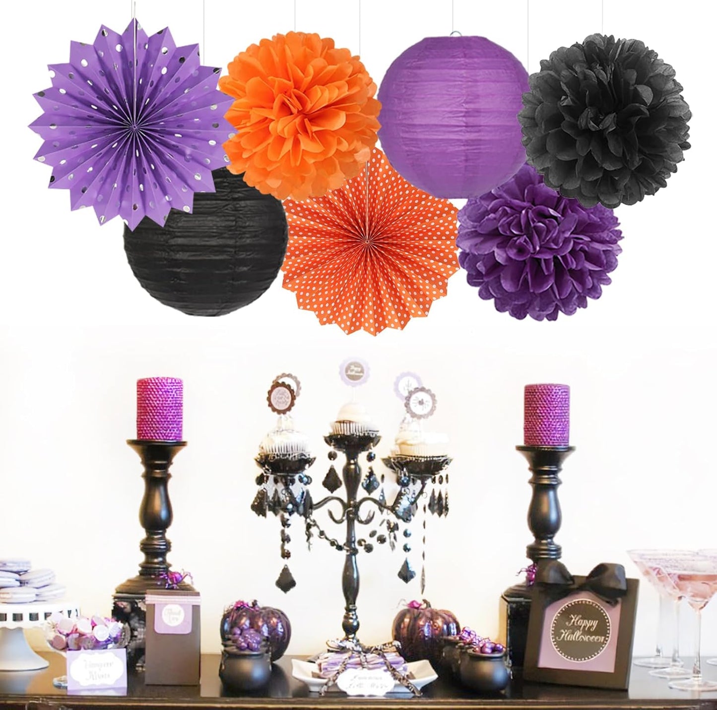 Black Orange Purple Halloween Party-Decorations - 20pcs Paper Lanterns Fans,Tissue Pom Poms,Honeycomb Balls, Birthday Baby Bridal Shower Graduation Wedding Hotel Transylvania Decor Burgleda
