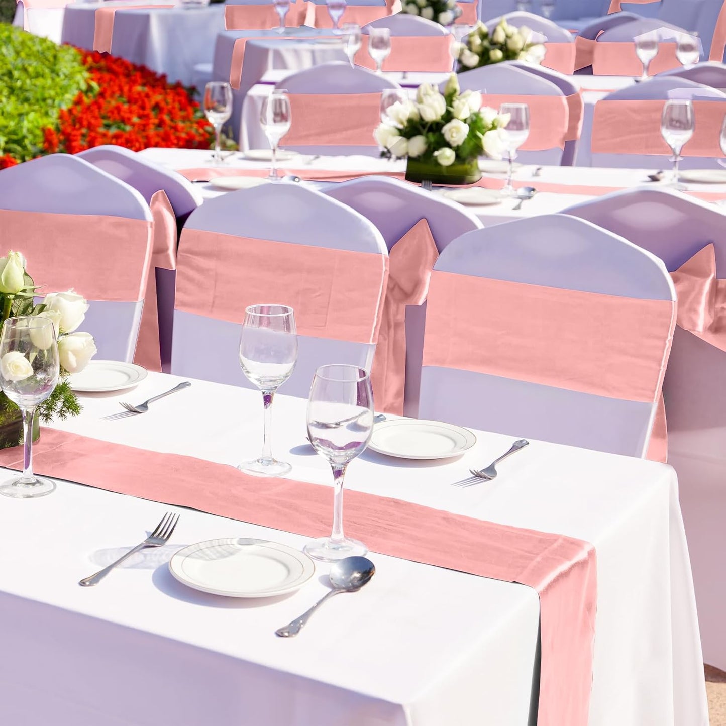 Aneco 12 Pack Satin Table Runner 12 x 108 Inch Rose Gold Long Wedding Satin Silk Table Runner for Wedding Banquet Graduations Birthday Party Decoration