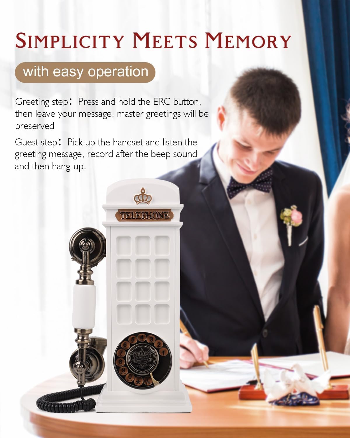 Audio Guest Book Wedding Phone, Record Customized Audio Message Guest Book for Wedding, Party and Gathering, Vintage Phone Booth Design， White