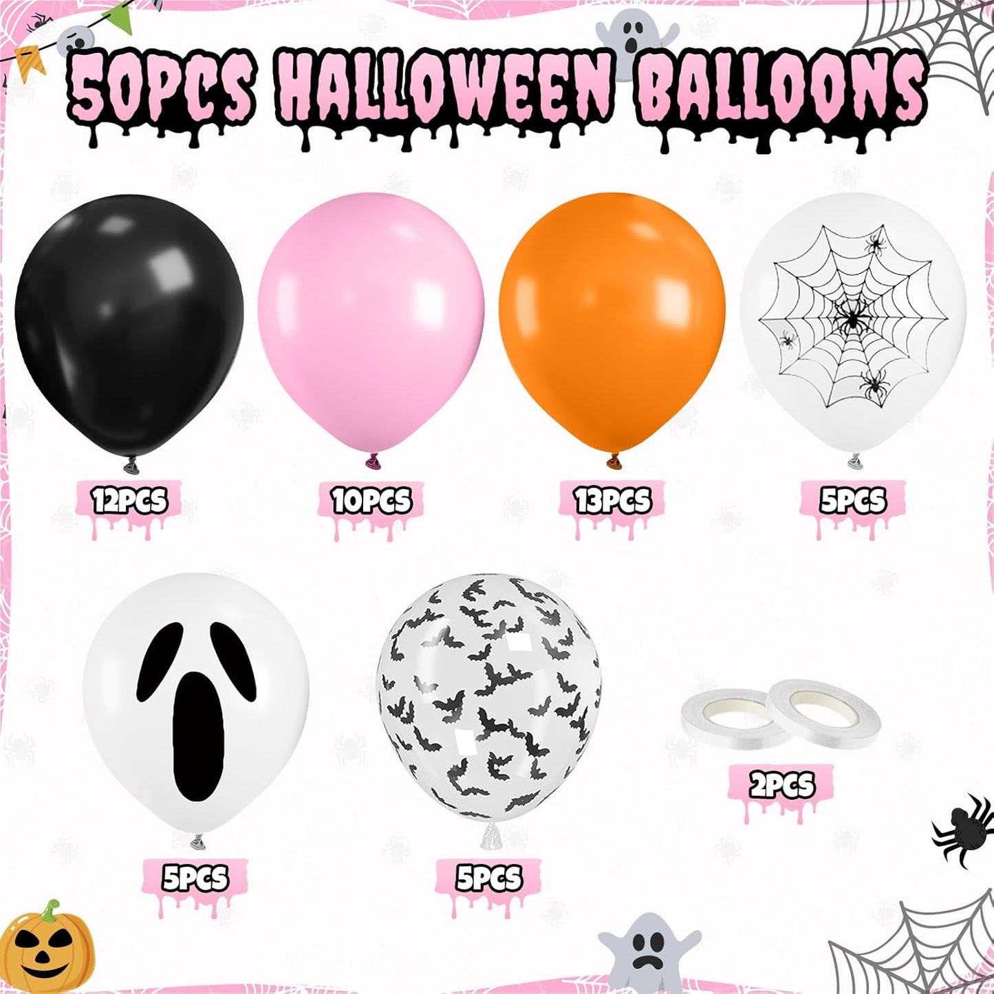 Pink Black Halloween Balloons Set, 50 Pcs White Spider Print Balloons, 12 Inch Pastel Pink Black and Orange Balloon Bat Confetti Balloon for Halloween Girls Night Decorations
