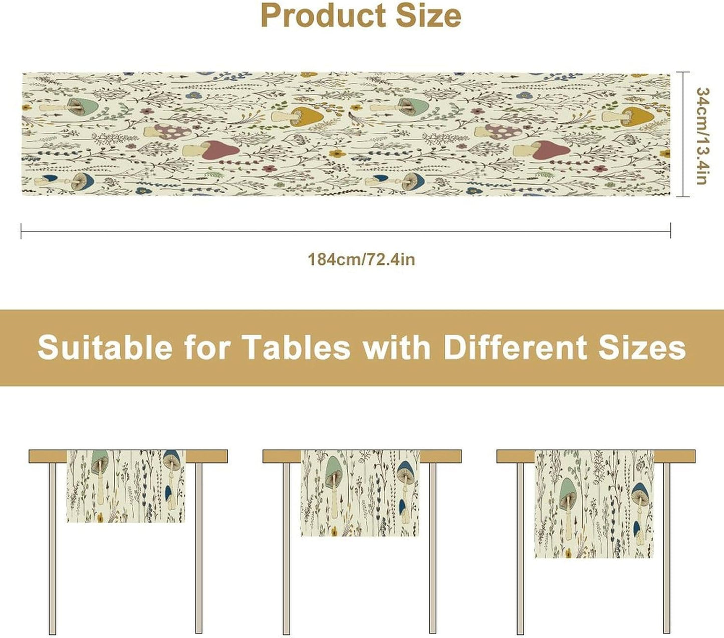 Mushroom Table Runner,Colorful Wild Plants and Fungus Botanical Plants Pattern Print Burlap for Hotel Indoors Outdoor Dining Room Kitchen Holiday Party, 13x80in