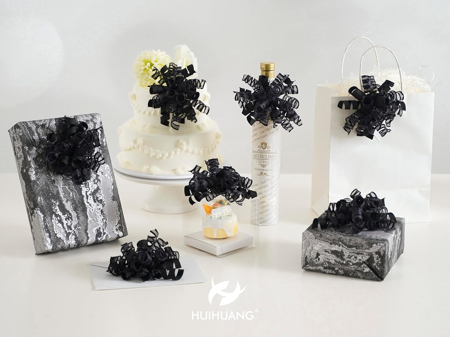 HUIHUANG Black Bows for Gift Wrapping Curly Gift Bow 5 inch x 8 Counts Self-Adhesive Ribbon Bows for Presents, Paper Bag, Party Favors, Wrapping Accessories, Holiday Wedding Decoration