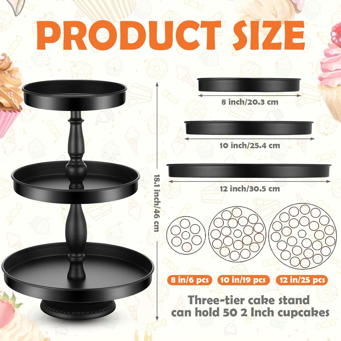 Maxdot 2 Pcs 3 Tier Cupcake Stand Holder, Round Cupcake Stand Serving Tray, Metal Tiered Tray Pastry Dessert Cake Tower Display Stand for Baby Shower Tea Party, Wedding and Birthday (Black)