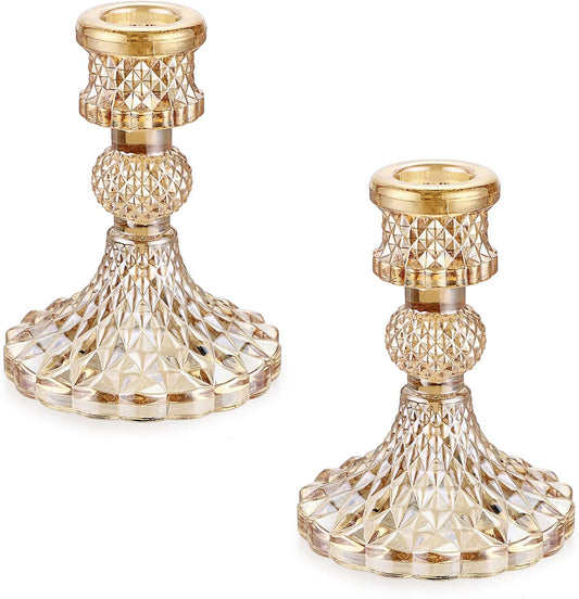 OwnMy Set of 2 Gold Glass Taper Candle Holders Decorative Glass Candlestick Holders, Modern Taper Candle Stands Candlesticks for Dining Table Centerpieces Wedding Church Decor
