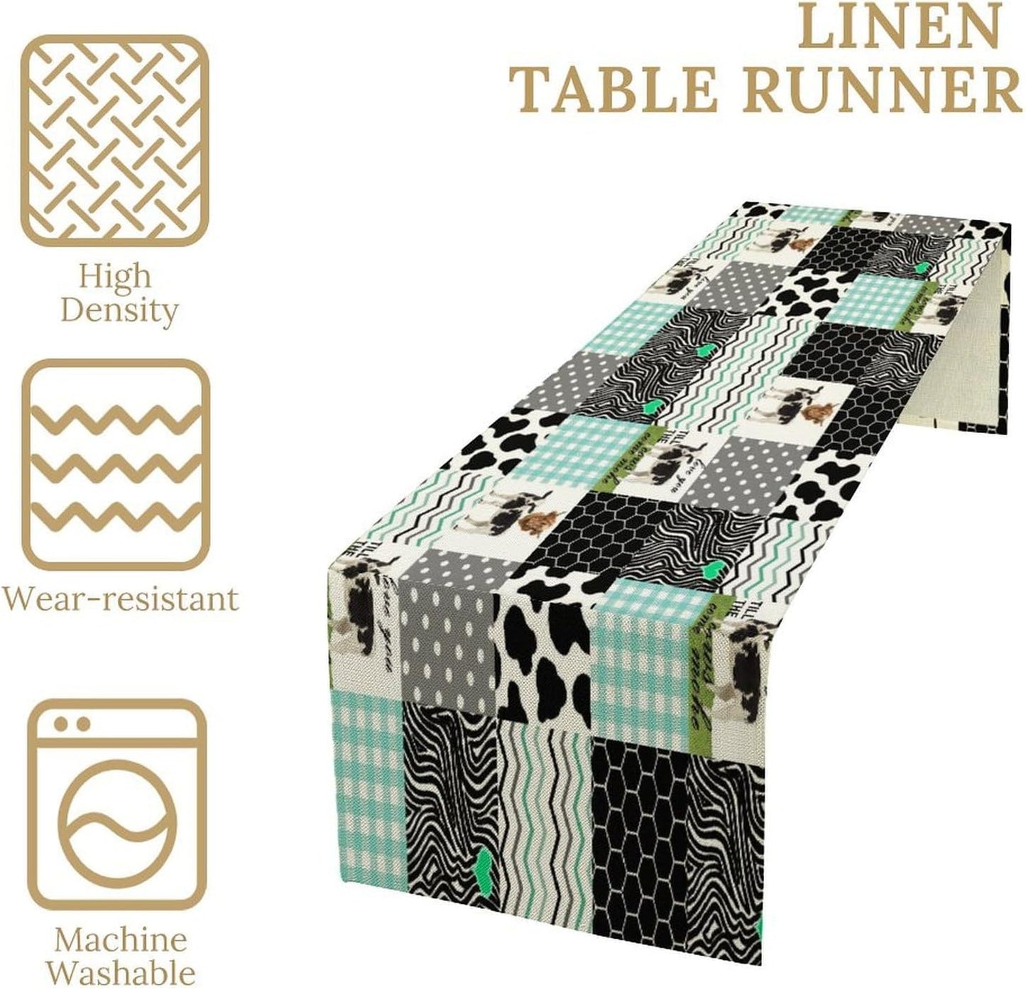 Cute Cow Print Table Runner,Farm Animals Honeycomb Plaid Stripes Cowhide Pattern Tablecloth Burlap for Hotel Indoors Outdoor Dining Room Kitchen Table Decor, 13x60in