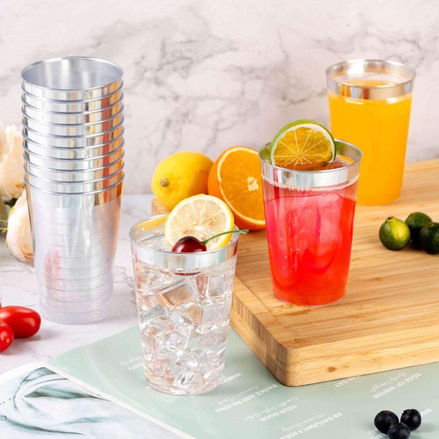 Goodluck 50PCS 14oz Silver Plastic Cups for Party, Disposable Silver Plastic Cups, Cocktail Glasses for Wedding Thanksgiving, Christmas, and Parties