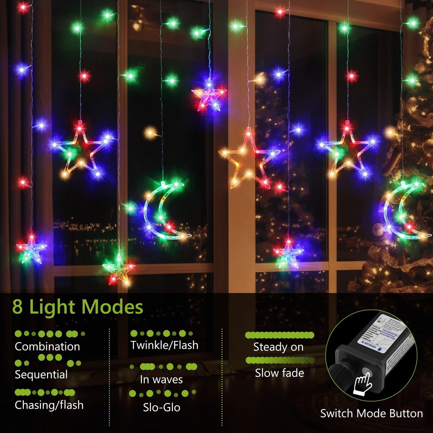 PUHONG Christmas String Lights, 138 LEDs Curtain Lights with 8 Light Modes, 11.48FT Star Moon Indoor Outdoor Fairy String for Window, Bedroom, Wall, Home, Ramadan, Christmas Decoration - Multicolored