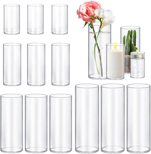 12 Pack Glass Cylinder Vases 4,6,8,10 Inch Tall Clear Flower Vase Hurricane Floating Candle Holder for Table Centerpiece Wedding Home Decor.
