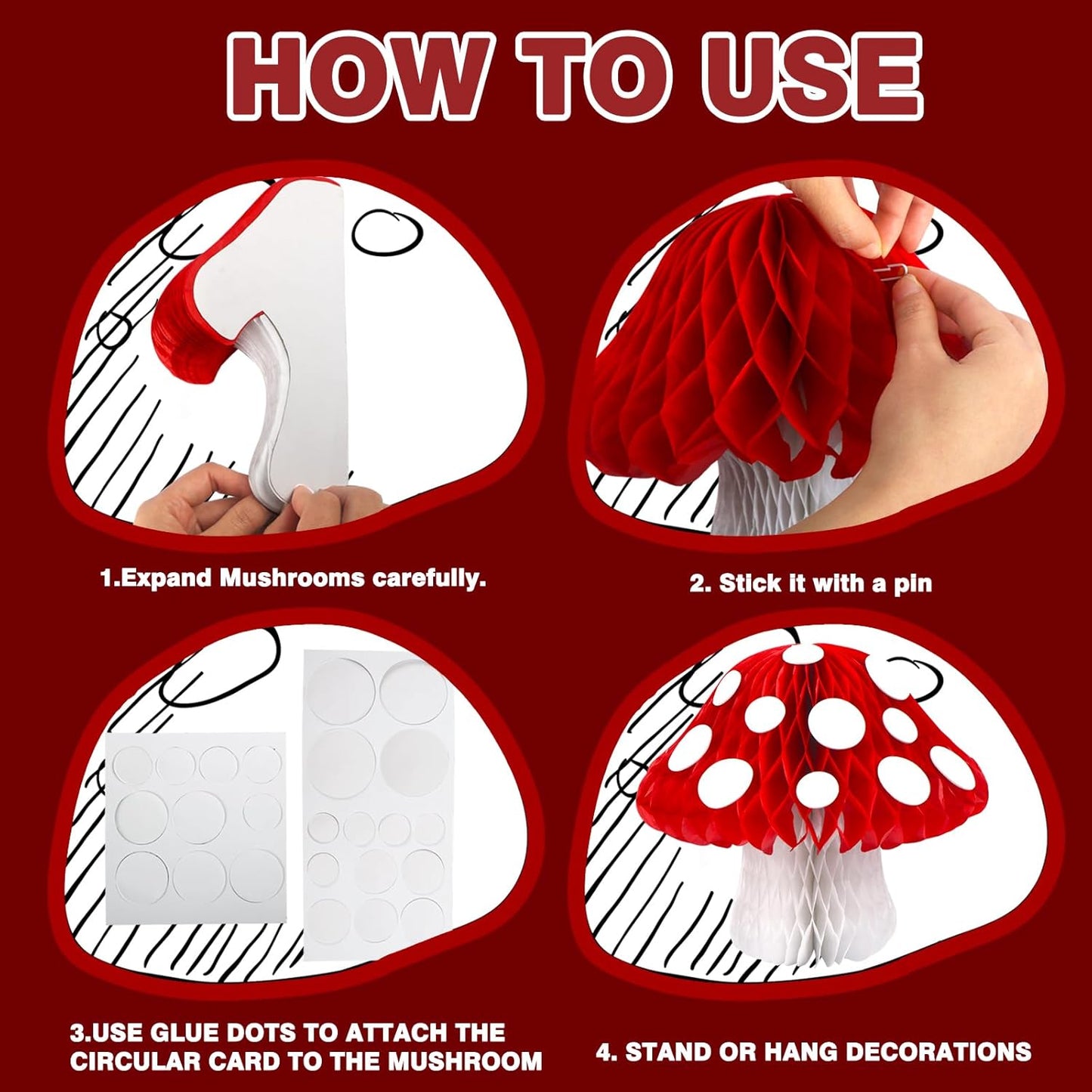 8PCS Mushroom Honeycomb Decor Mushroom Shaped Tissue Paper Pom Decorations for Jungle Wonderland Themed Birthday Party 3D Mushroom Honeycomb Centerpiece for Fairy Baby Shower Garden Decoration