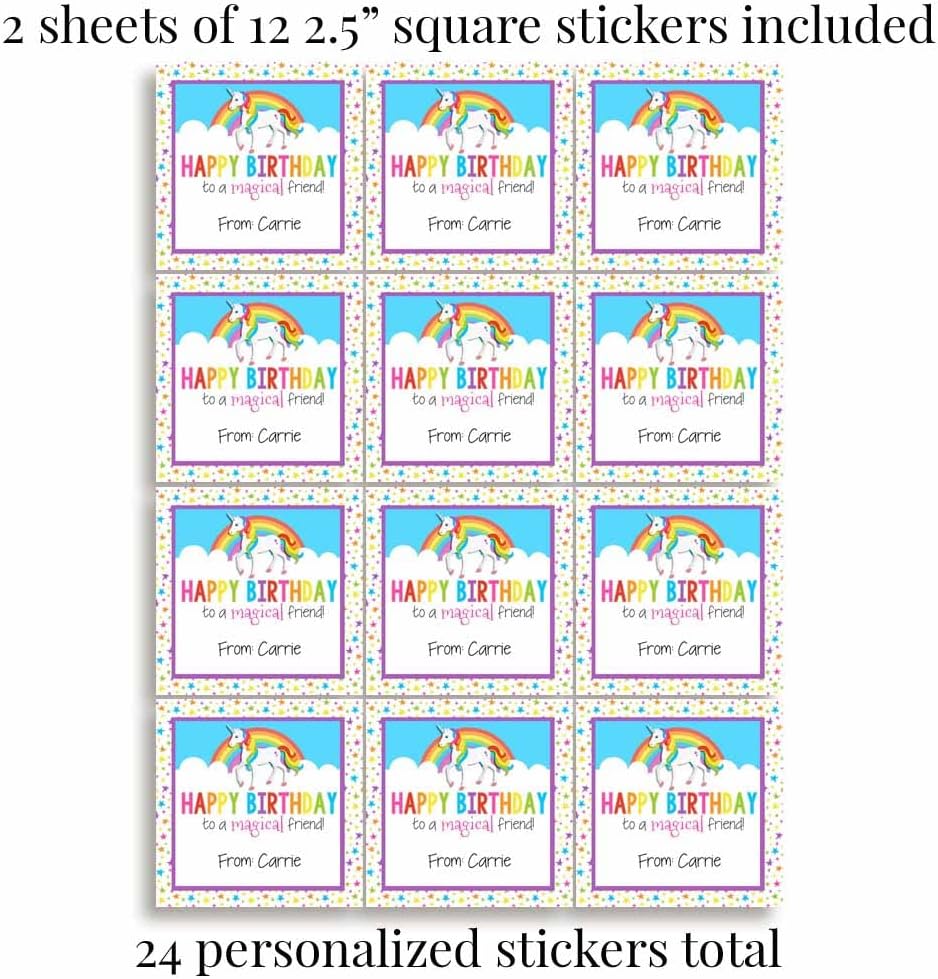 Custom & Personalized Rainbow Unicorn Happy Birthday Gift Tag Sticker Labels, 24 2.5" Square Stickers by Amanda Creation