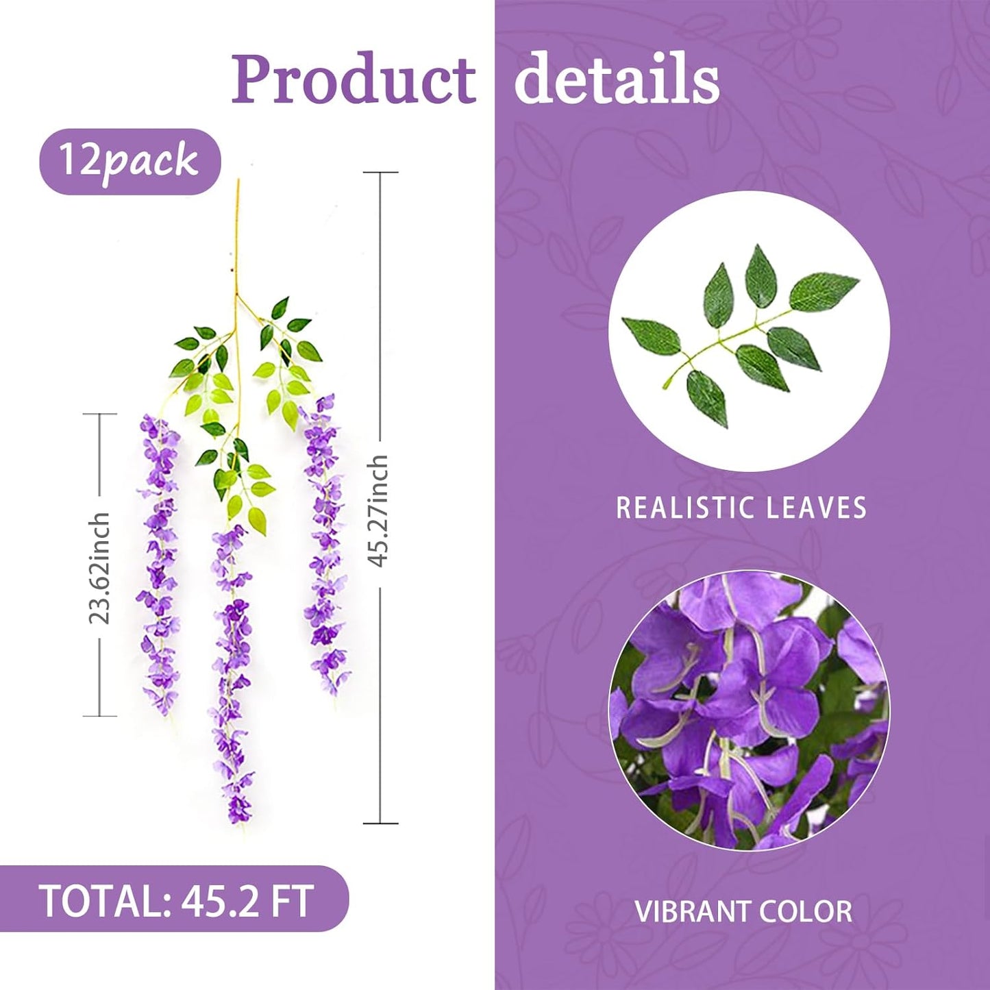 12 Pack Purple Wisteria Hanging Flowers Garland, 3.77 Feet Artificial Flower Vines, Fake Wisteria, Artificial Vines Hanging Garland for Backdrop Outdoor Yard Garden Decor