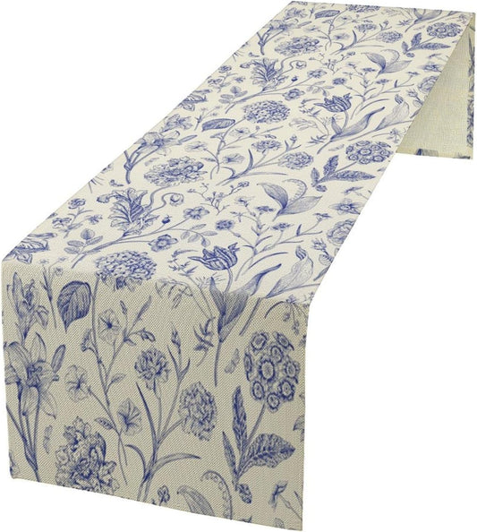 Monochrome Sketch Flowers Table Runner, Seasonal Spring Fall Plants Blue Florals Dinner Runner for Home Kitchen Dining Table Party Holiday Decoration 13"x70"
