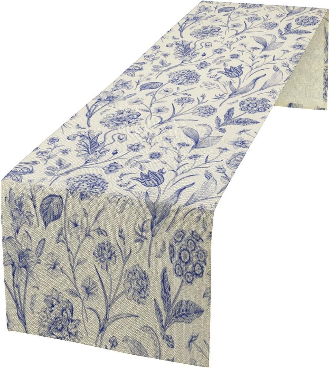 Monochrome Sketch Flowers Table Runner, Seasonal Spring Fall Plants Blue Florals Dinner Runner for Home Kitchen Dining Table Party Holiday Decoration 13"x36"