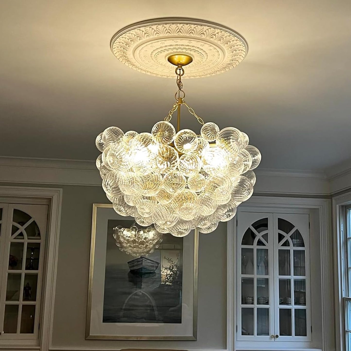 Nordic Bubble Ball Swirled Glass Chandelier, Diam 31" Gild Gold and Clear Modern Hand Blown Glass Pendant Light Fixture for Dining Room, Bedroom, Study, Restaurant, Hallway