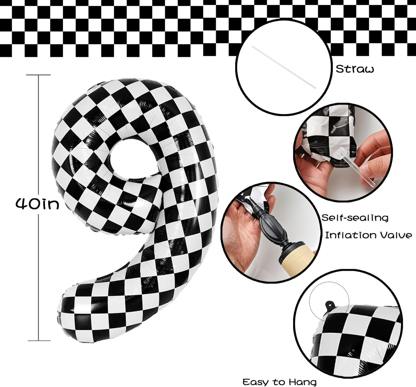 40 Inch Checkered Number Balloon - Race Flag Pattern Big Helium Balloon for Birthday Party Decorations - Black & White Balloon for Kids Adults Party Supplies (Racing Car, Number 9)