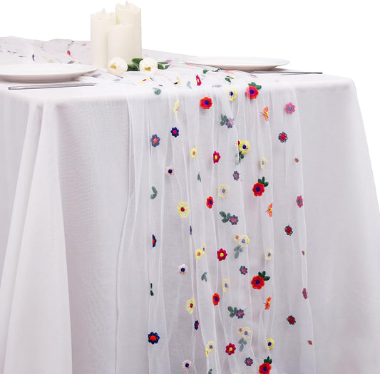 BINBE 1pcs Ivory Daisy Fall Table Runner Embroidery Gauze 10FT Florals Seasonal Tulle Holiday Birthday Kitchen Dining Table Decor for Home Party
