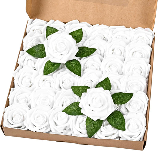 BLEUM CADE 36Pcs Artificial Flowers Fake Roses with Stems, White Boxed Foam Roses for DIY Bouquets Centerpieces Wedding Party Arrangement Bridal Shower Decor