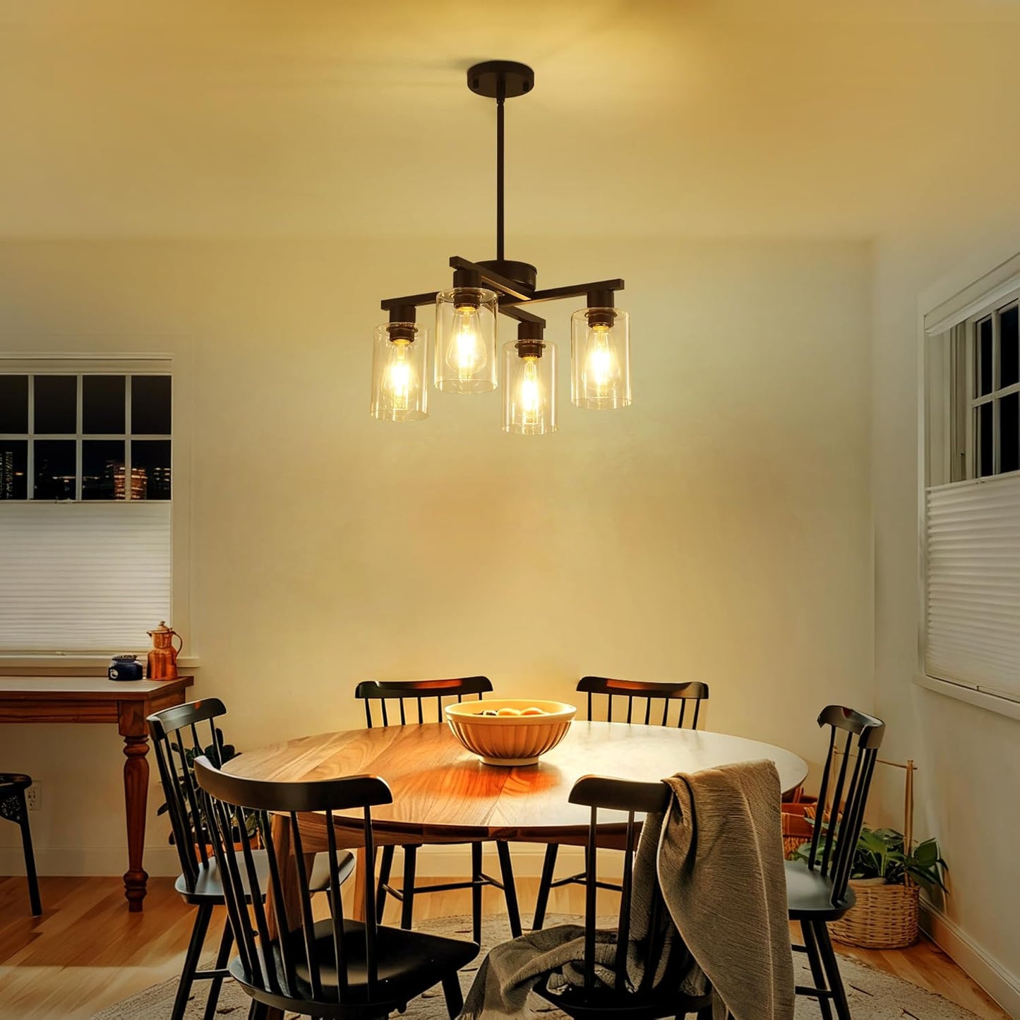4-Light Modern Farmhouse Black Chandelier, Dining Room Light Fixture Over Table Adjustable Height Hanging Industrial Pendant Lights Kitchen Island, Clear Glass Shade