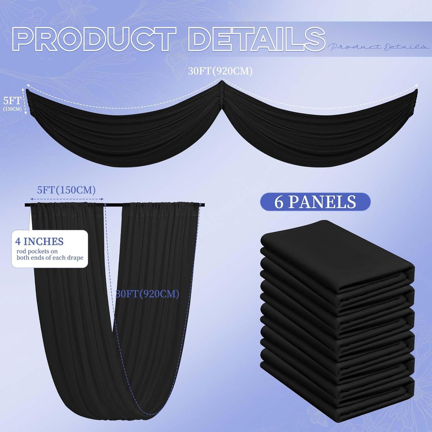 6 Panels Black Ceiling Drapes for Wedding 5ftx30ft Ceiling Drapes Wedding Arch Draping Fabric Cheesecloth Sheer Curtain Romantic Ceiling Decorations for Weddings Party Banquet Ceremony Stage