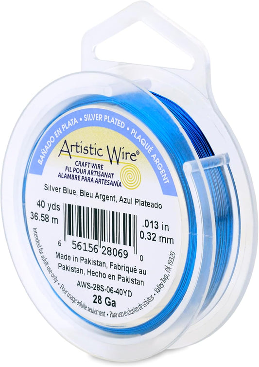 Artistic Wire, 28 Gauge Silver Plated Tarnish Resistant Colored Copper Craft Wire, Silver Blue, 40 yd