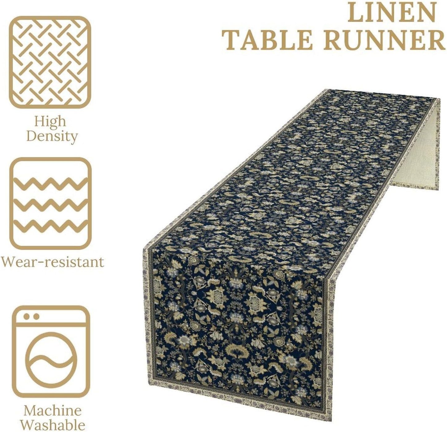 Vintage Boho Floral Table Runner, Morris Rustic Country Farmhouse Dark Blue Grey Retro Flower Pattern for Home Kitchen Table Decor Dining Coffee Room Party Decor 13x120in