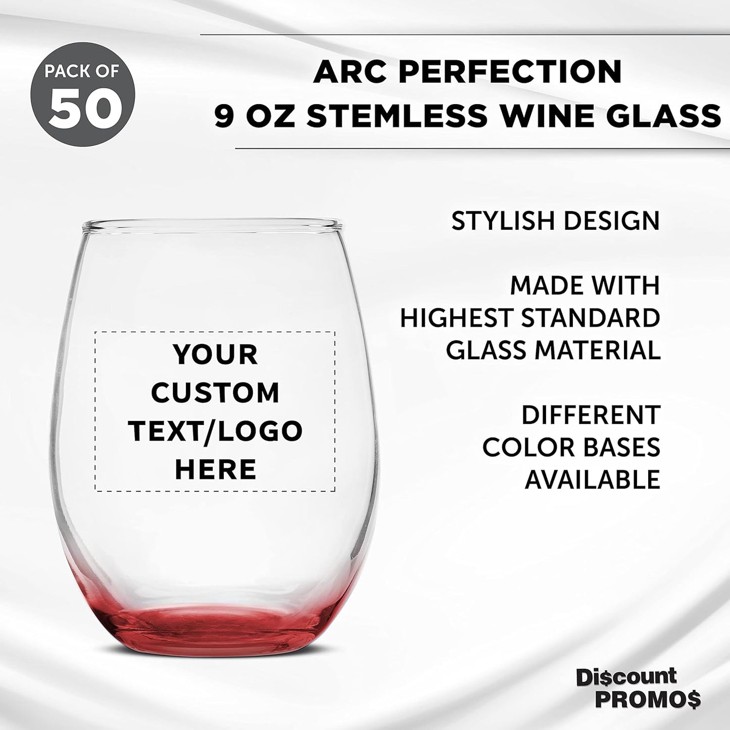 Custom Stemless Wine Glass 9 oz. Set of 50, Personalized Bulk Pack - Great for Wedding Favors, Bachelorette Party Decorations, Party Favors, Color Bottom - Red