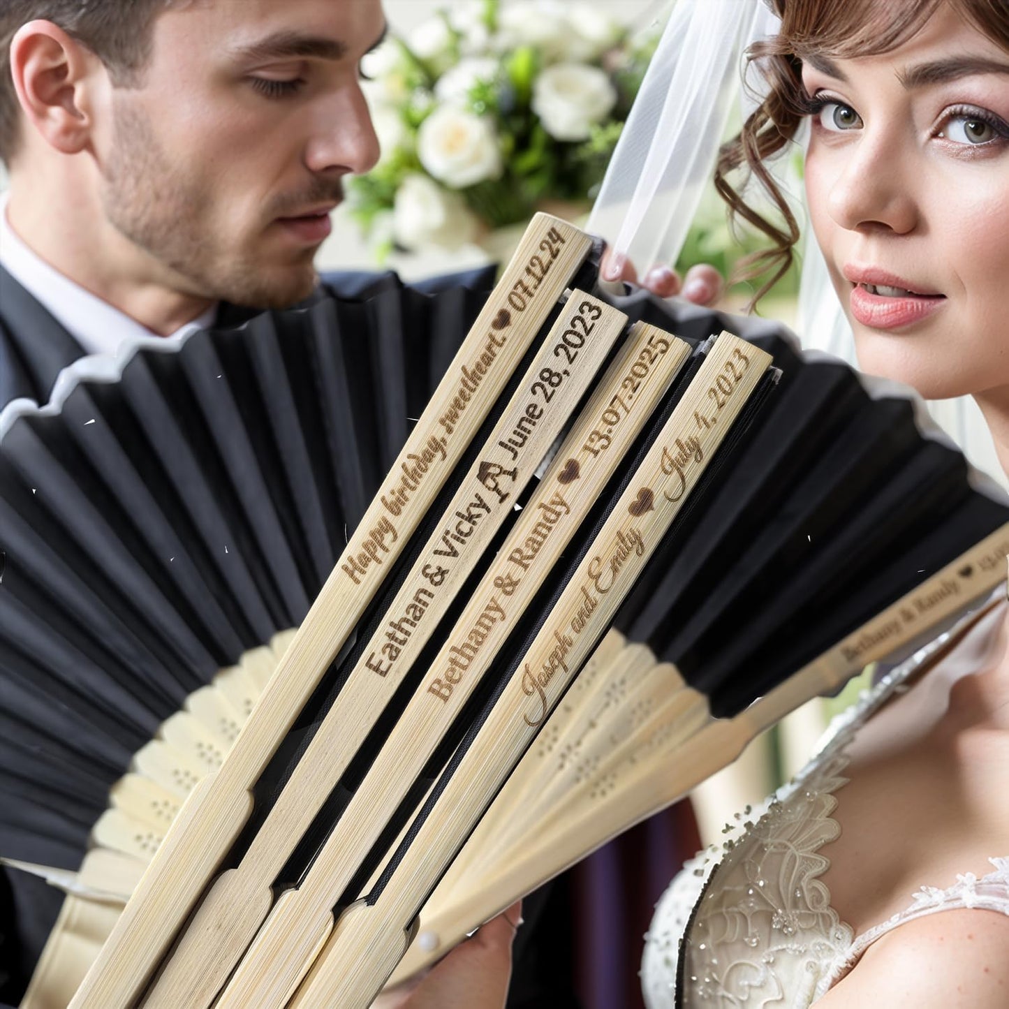 40Pcs Personalized Silk Fans Folding Hand Fan, Custom Wedding Bridal Party Favors, Summer Wedding Bride, Wedding Gift, Thank You Gift (Black)