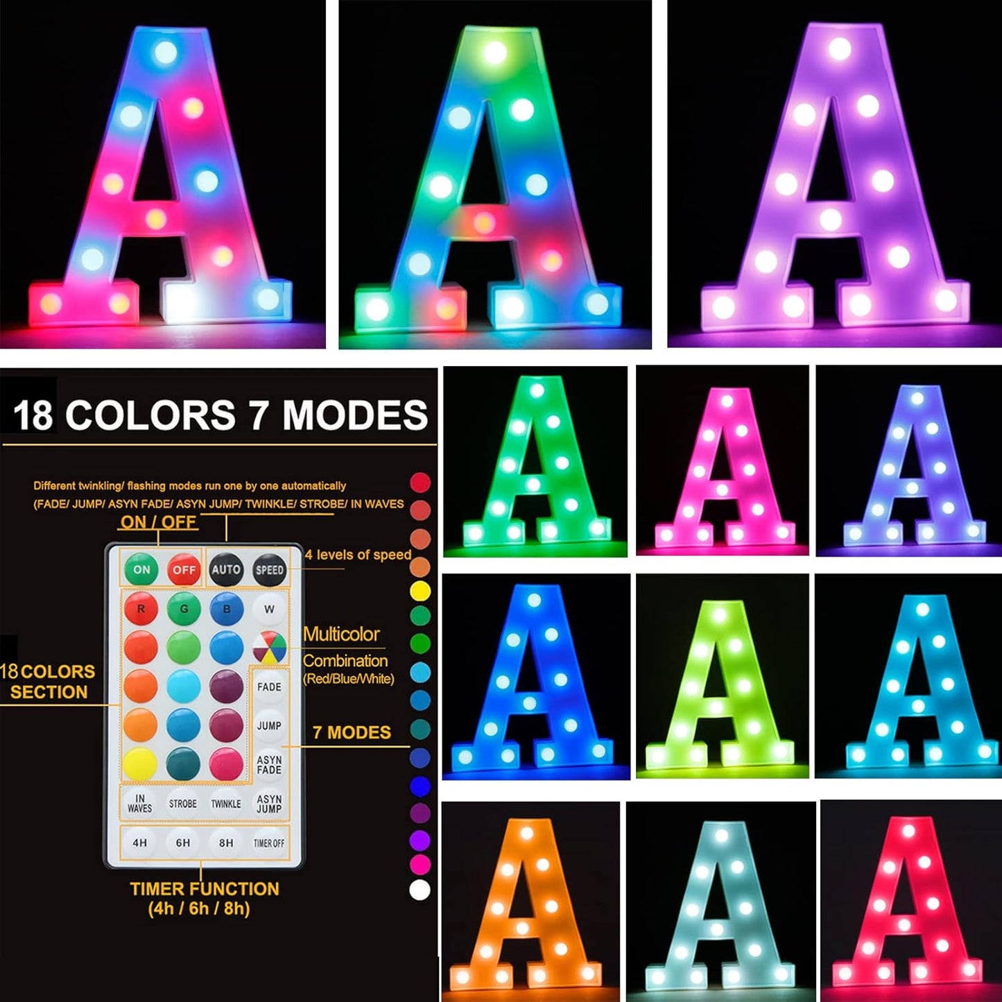Light Up Colorful LED Marquee Letter lights, 18 Colors Changing Alphabet Letters Sign with Remote Timer for Night Light Girls Bedroom Wedding Birthday Party Lamp Christmas Home Bar Decor- Colorful H