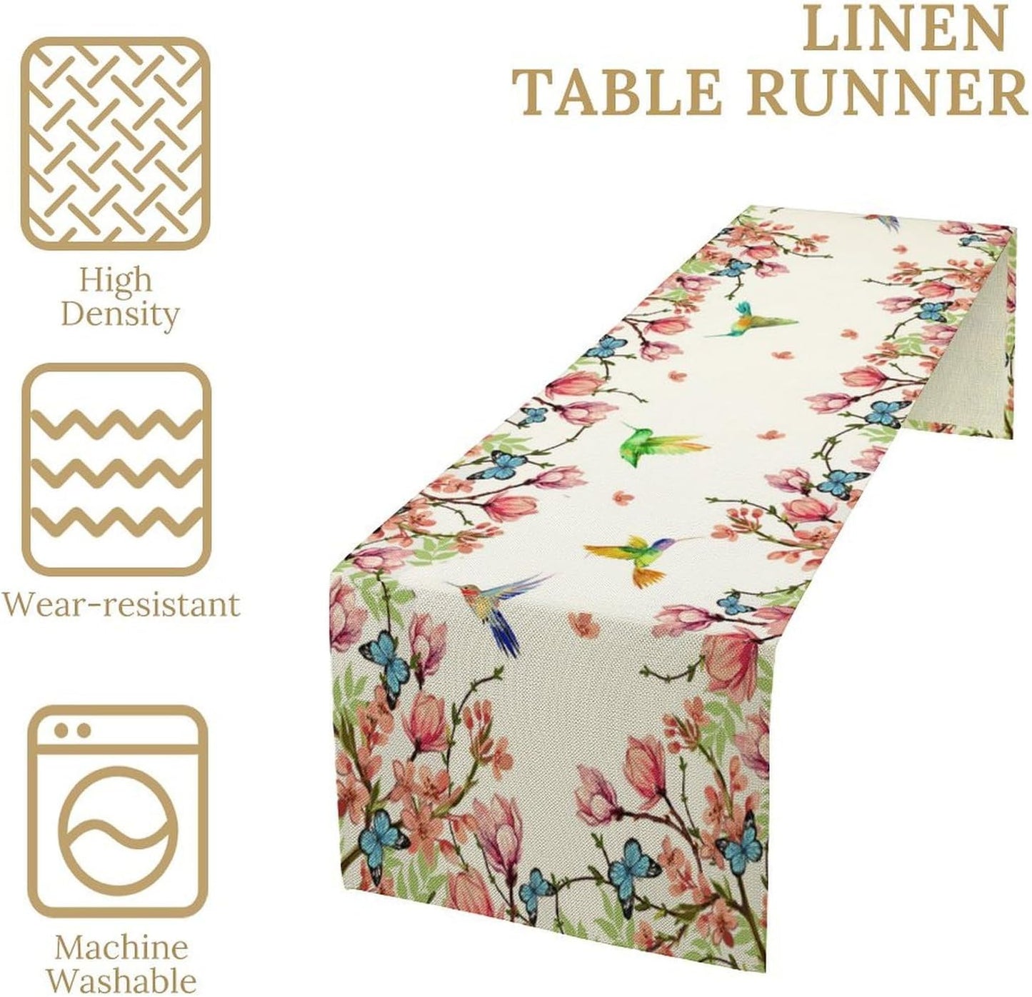 Vintage Watercolor Flower Hummingbird Table Runner Seasonal Spring Garden Plants Birds Florals Farmhouse Country Kitchen Dinner Runner Dining Table Decoration 13"x108"