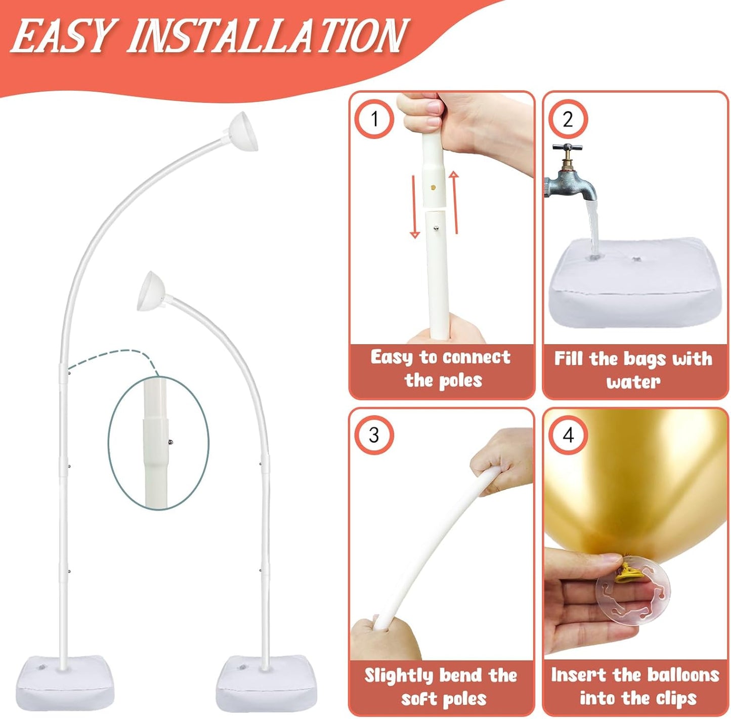 8FT & 6FT Balloon Arch Stand, Flexible Top Balloon Arch Kit, Half Arch Balloon Stand with Base for Floor, Balloon Column Kit for Wedding Birthday Baby Shower Graduation Party Decorations