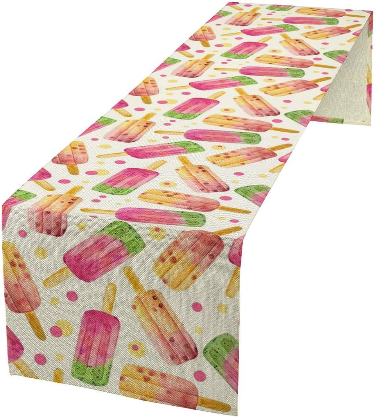 Ice Cream Popsicles Table Runner, Watercolor Summer Seasonal Fruit Peach Kiwi Berry Popsicles Orange Pink Sweet Dessert Dinner Runner for Party Holiday Home Kitchen Dining Table Decor 13"x90"