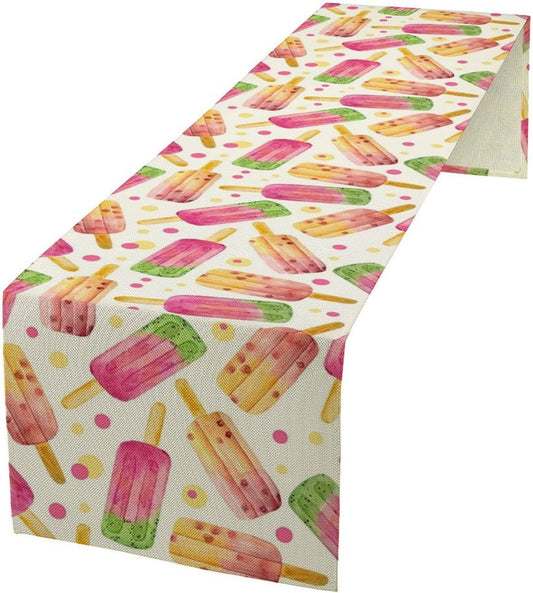 Ice Cream Popsicles Table Runner, Watercolor Summer Seasonal Fruit Peach Kiwi Berry Popsicles Orange Pink Sweet Dessert Dinner Runner for Party Holiday Home Kitchen Dining Table Decor 13"x90"