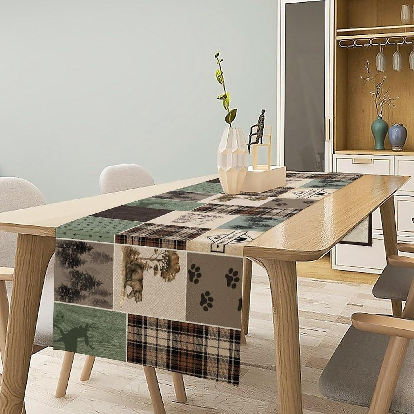 Bear Deer Table Runner,Rustic Lodge Retro Country Farmhouse Buffalo Plaid Print Tablecloth Burlap for Hotel Indoors Outdoor Dining Room Kitchen Home Decor,W13X L36 in