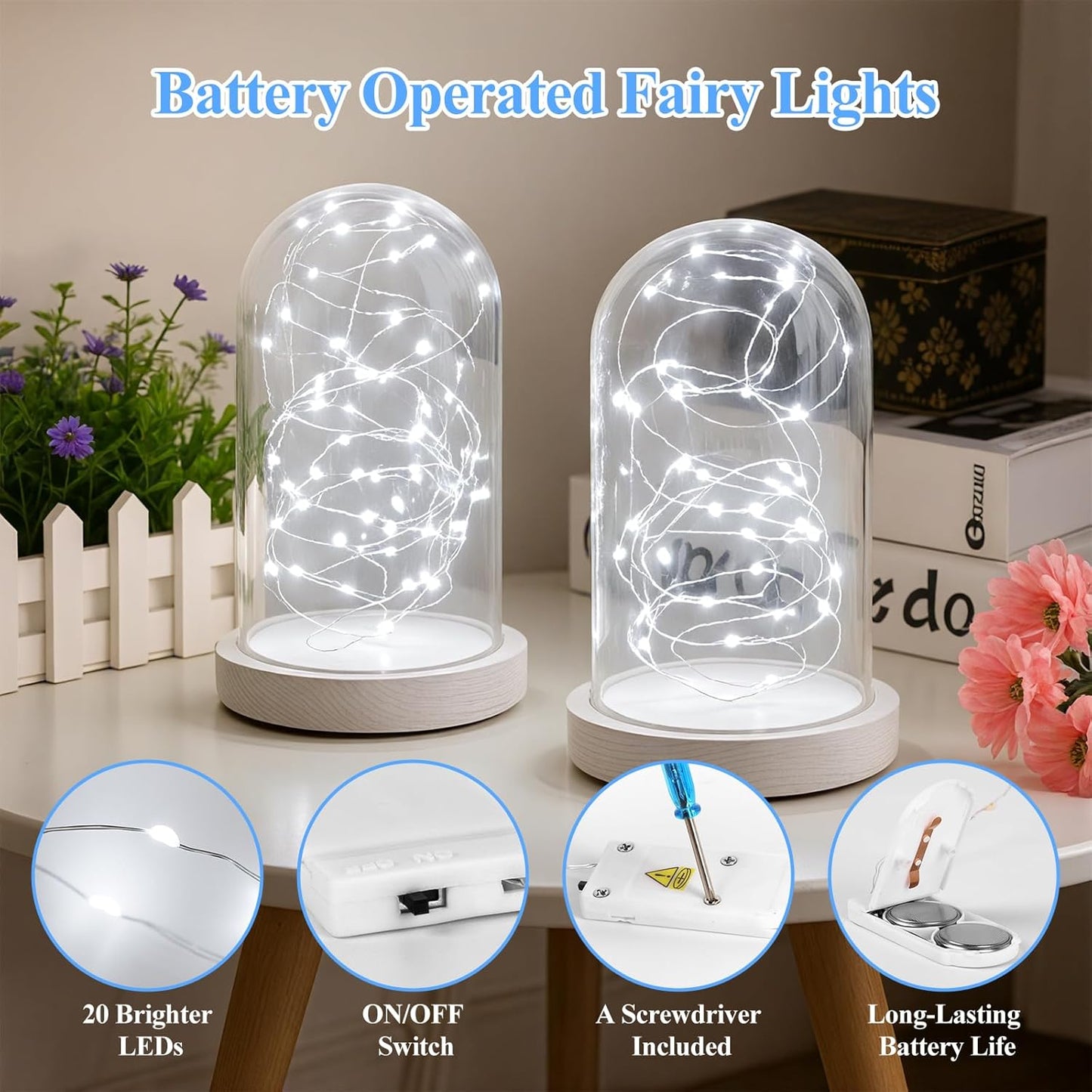 Lakumu 12 Pack Fairy Lights Battery Operated String Lights -7FT 20LED Fairy Lights Silver Wire Firefly Starry Moon Lights for DIY Christmas Decorations Party Wedding Centerpiece Table Decor Cool White