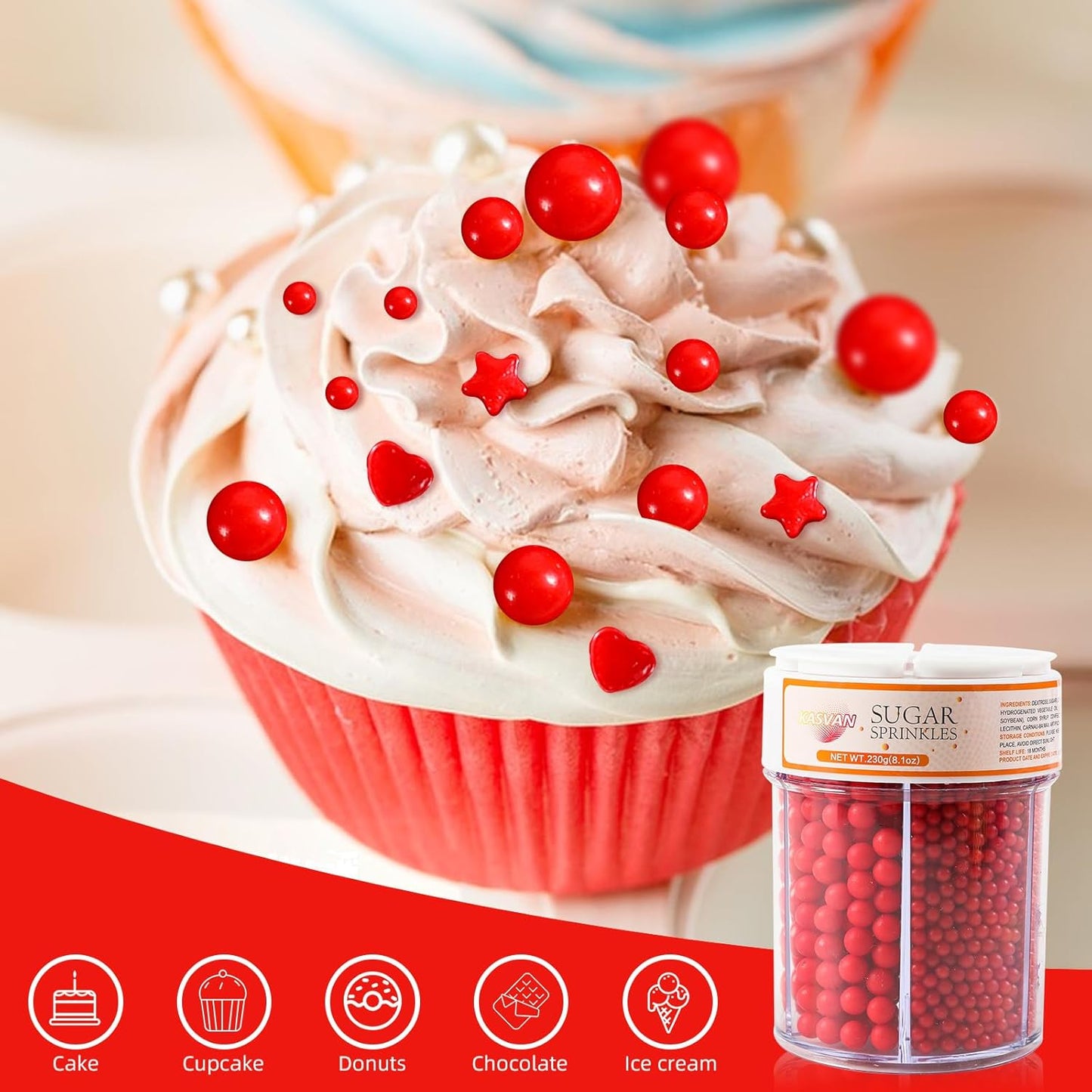Kasvan Red Pearl Sprinkles, 6 Sizes Mix for Cake Decorating, 230g/8.1oz, Baking Cake Decorations, Ice Cream Toppings and Cookie Decorating, Wedding Party Chirstmas Supplies (Red)