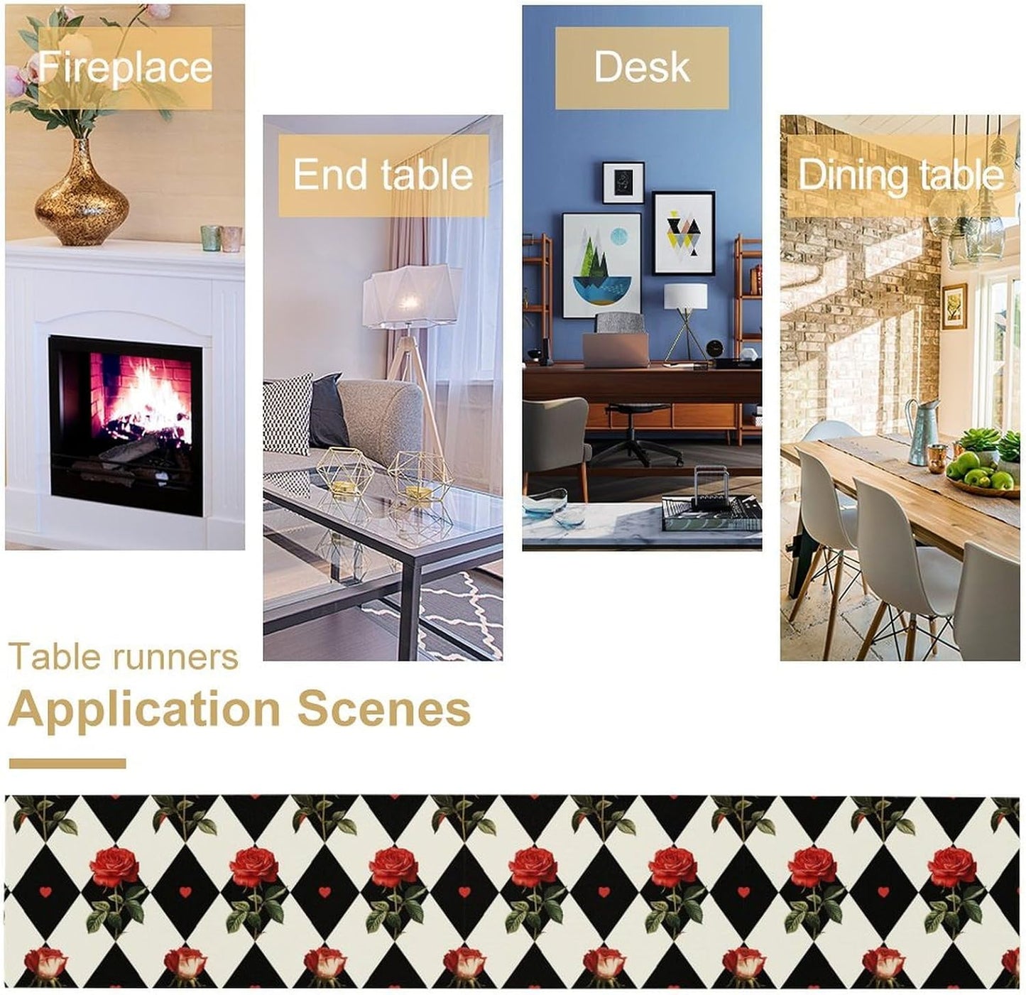 Vintage Rose Table Runner, Red Rose Hearts Black White Checkered Background Table Runner for Kitchen Dinning Table Runner Decor Home Wedding Party Holiday, 13x120 Inch