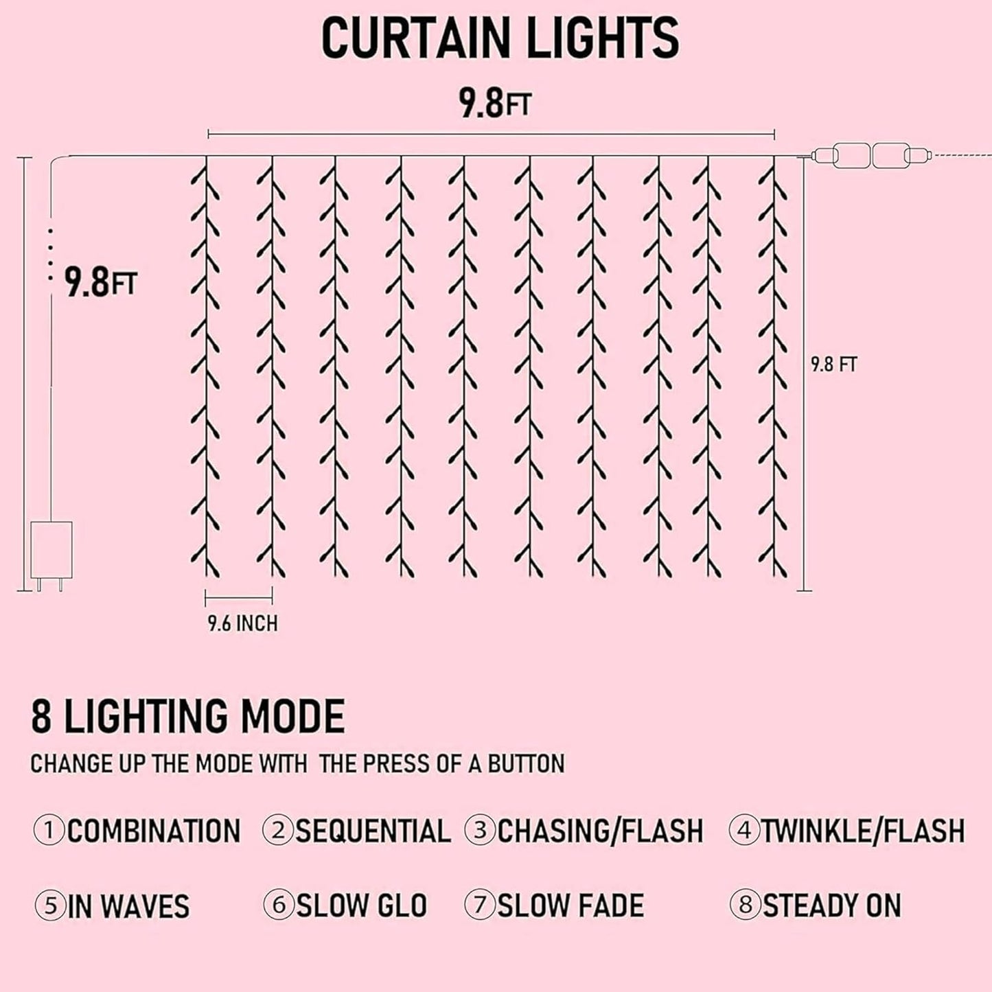 Dazzle Bright 300 LED Curtain String Lights, Valentine's Day Fairy Lights for Bedroom with 8 Lighting Modes, Connectable Waterproof Window Lights Party Wedding Garden Wall Christmas Decor, Pink