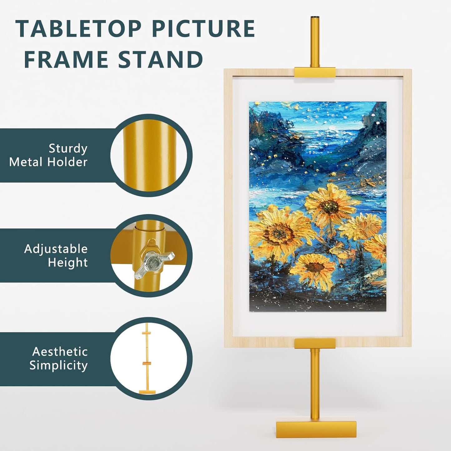 Tabletop Picture Frame Stand, Adjustable for Frames Up to 29" H, Frame Holder Stand Table Easels for Display, Metal Standing Easel Display Stand for Picture Frames, Artwork, Canvas (Gold)