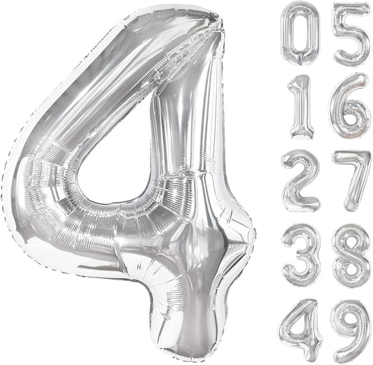 40 Inch Silver Large Number 4 Birthday Balloon, Giant Number Four 14 24 34 40 44 Balloons, Foil Mylar Big Balloons for Anniversary Graduation Supplies Decorations
