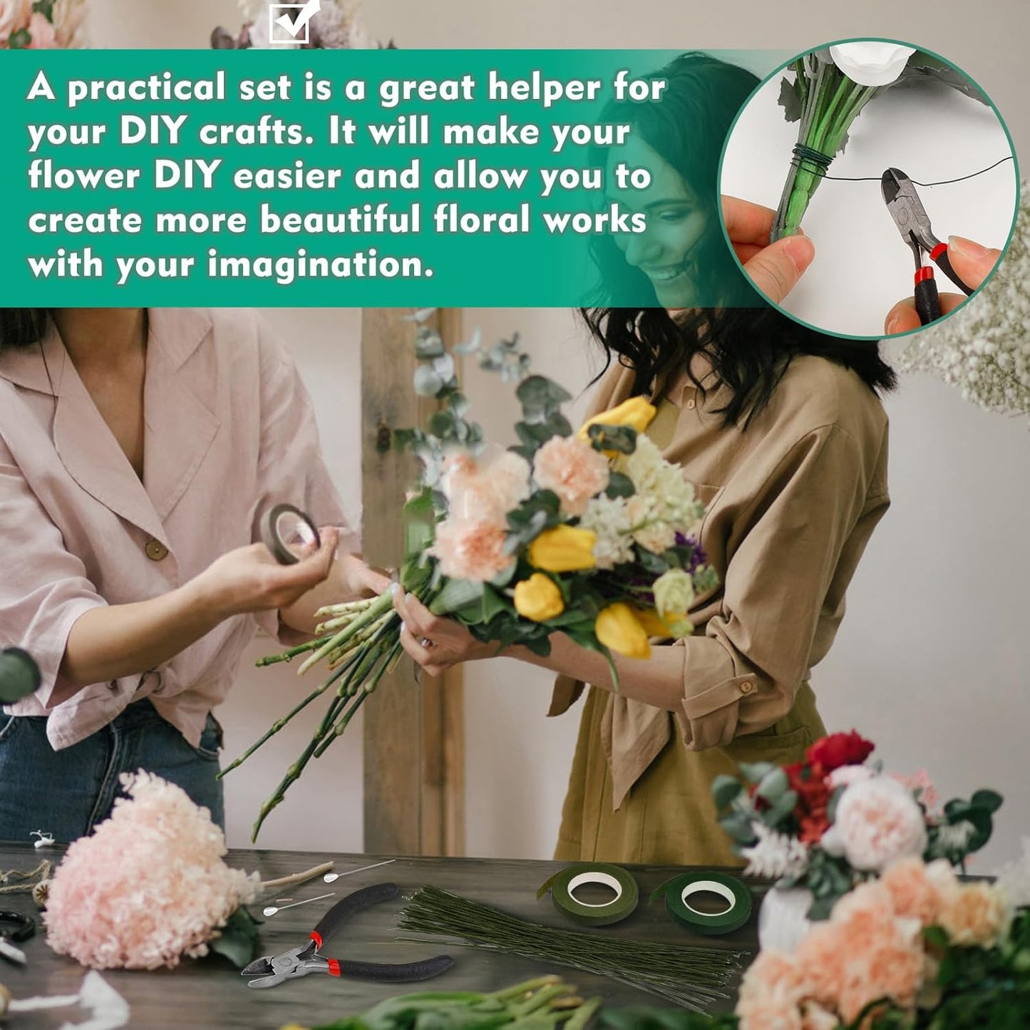 Floral Tape and Wire, Green Floral Tape, Arrangement Tools Kit with Wire Cutter, 22 Guage Paddle Wire 26 Gauge Flower Wire Set, Boutonniere Pin for Bouquets, Crafts, Wrap Florist