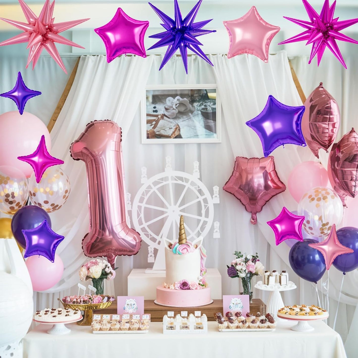 16 Pcs Hot Pink Purple Star Balloons, 22/18/10 Inch Foil Balloons, Four-Pointed Balloon for Girl Princess Birthday Wedding Baby Shower Party Decorations