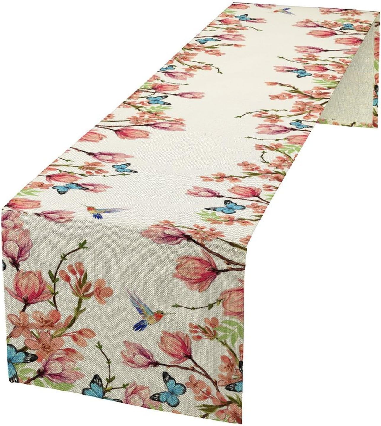 Spring Floral Bird Table Runner, Watercolor Pink Flower Plants Nature Butterfly Table Runner for Kitchen Dinner Living Room Home Party, 13x108 Inch