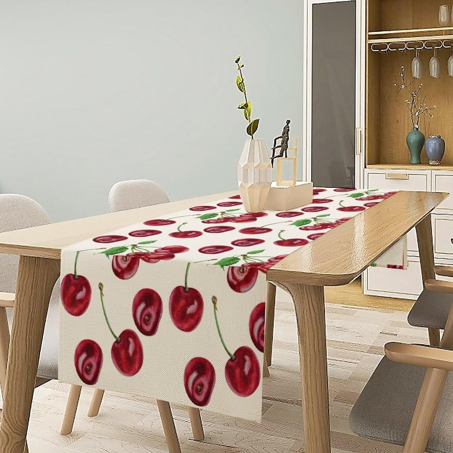 Red Cherry Table Runner Watercolor Tropical Fruit Spring Summer Wild Berry Dinner Runner for Girl Baby Shower Party Holiday Home Kitchen Dining Table Decor 13x90