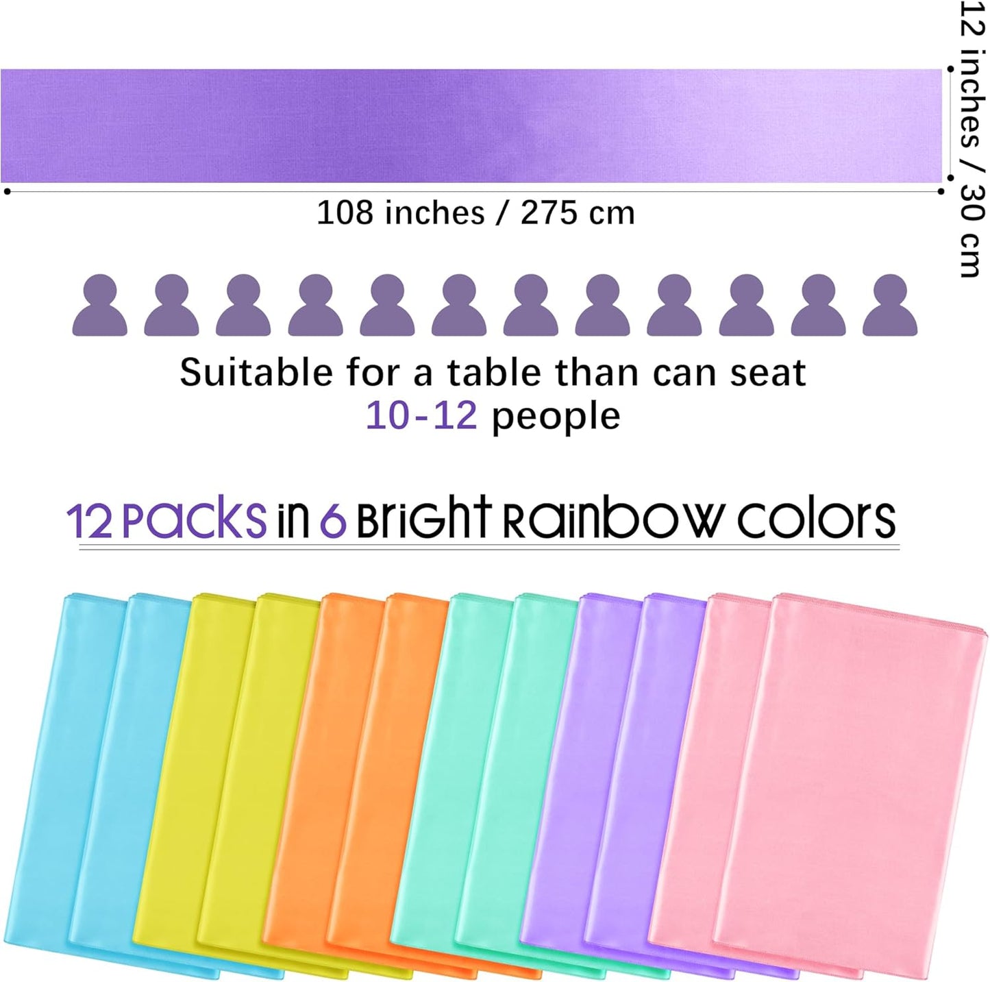 Aneco 12 Pack Satin Table Runner 12 x 108 Inch Pastel Rainbow Long Wedding Satin Silk Table Runner for Wedding Banquet Graduations Birthday Party Decoration