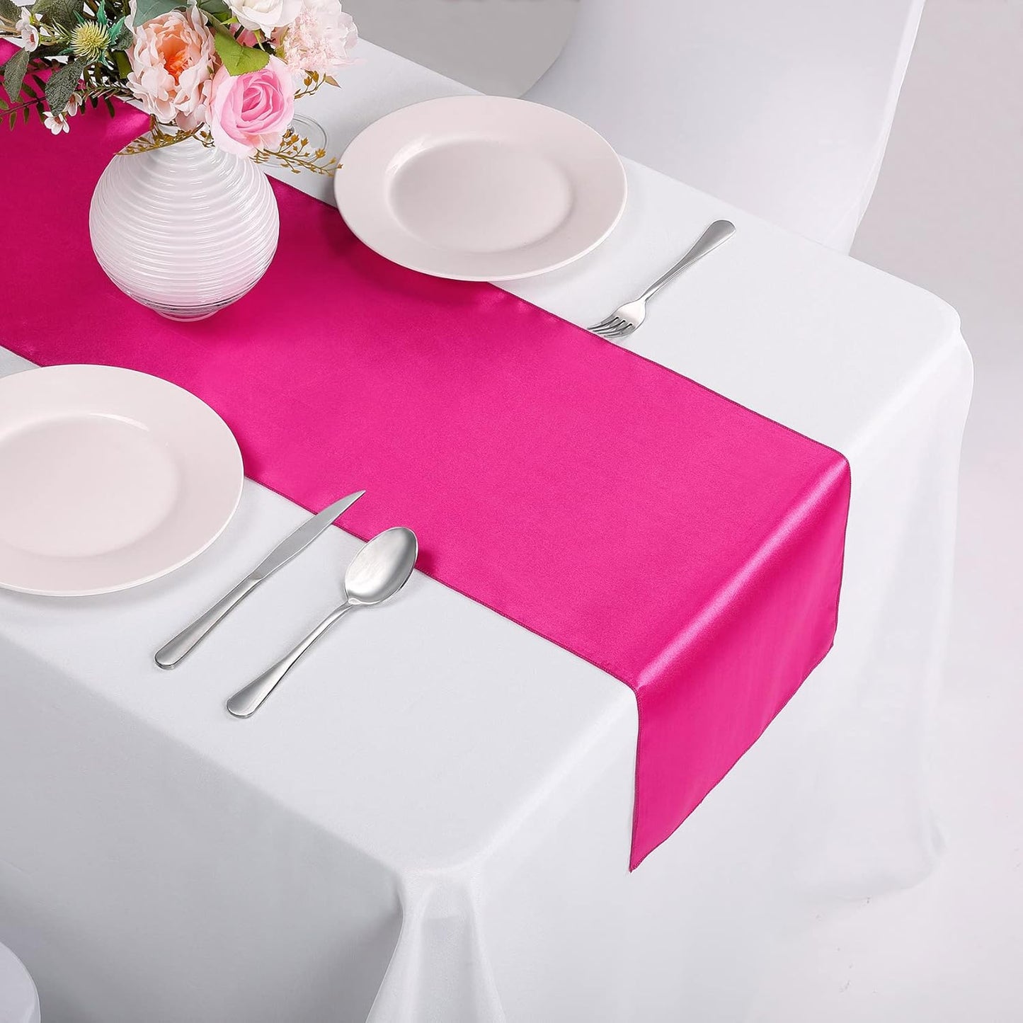 15-Pack Satin Table Runner Fuchsia 12 x 108 inches Long, Table Runners for Wedding, Birthday Parties, Banquets Decorations（15 Pack, 12x108 Inch, Fuchsia）