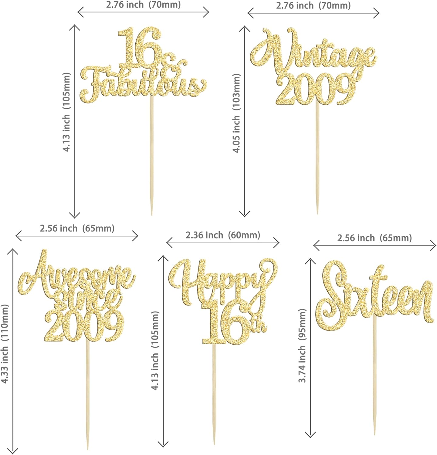30Pcs Vintage 2009 Cupcake Toppers Glitter Sixteen Happy 16th Birthday 16 Fabulous Cupcake Picks Cheers to 16 Years for 16th Birthday Wedding Anniversary Party Cake Decorations Supplies Gold