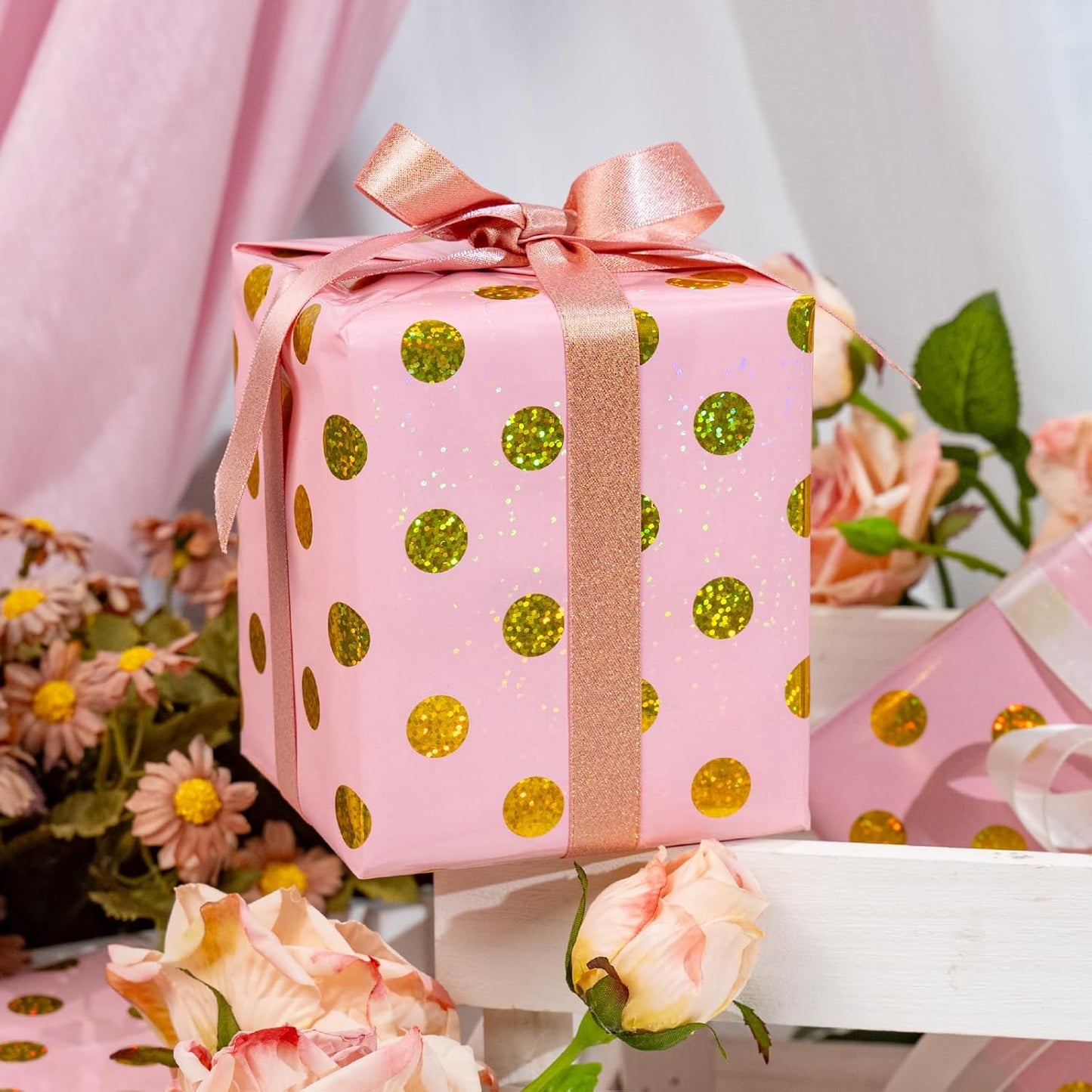 Burymento Pink Holographic Dots Wrapping Paper, Reversible Gold Gift Wrap for Birthday, Valentines, Mothers day, Graduation, Wedding, Fathers day, Baby Shower, Christmas (17in x 16.4ft)