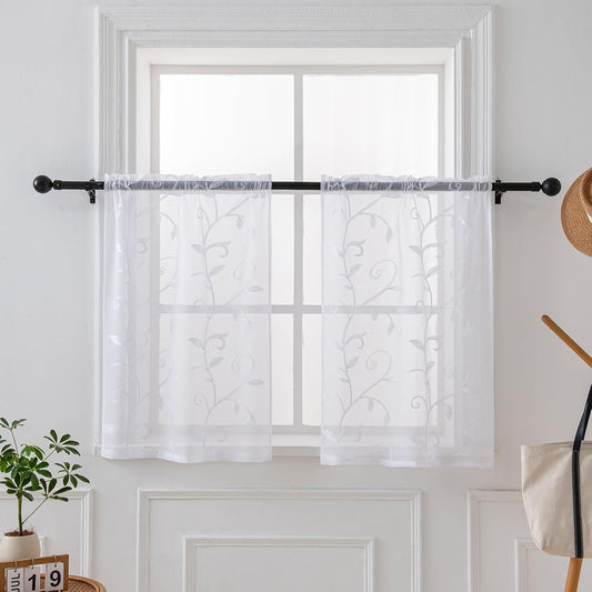 VISIONTEX White Sheer Voile Curtains, Decorative Leaves Embroidery Faux Linen Rod Pocket Window Drapes for Home Kitchen, Living Room and Bedroom 26 x 36 Inch, Set of 2 Curtain Panels