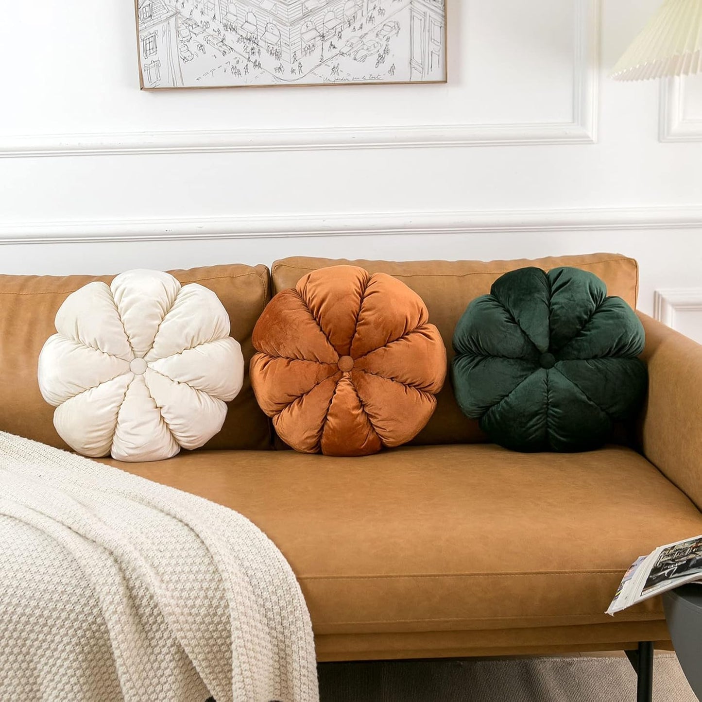 Flower Pillow Cushion Round Decorative Throw Pillow for Couch Bedroom Flower-Shaped Floor Cushion for Girls Kids (White, 15.7”)